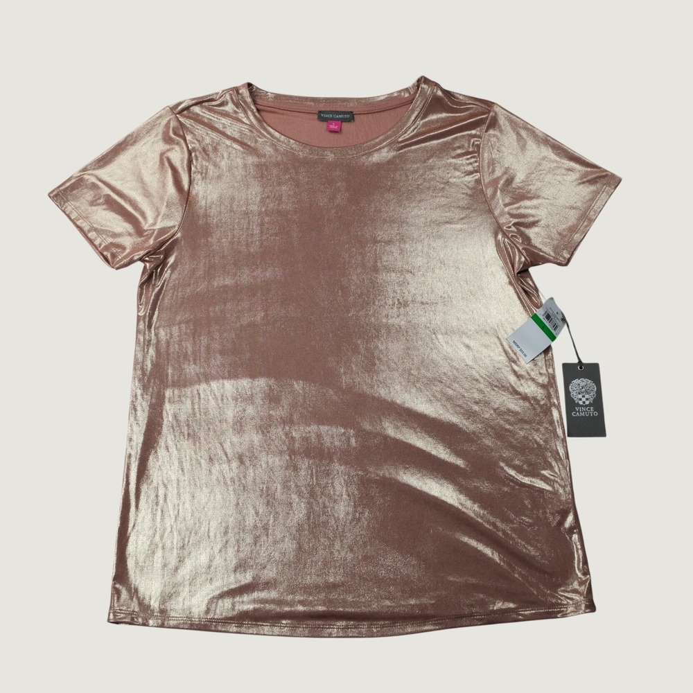 Vince Camuto Metallic short sleeve Crewneck T-Shirt Top Large Rose Clay NWT